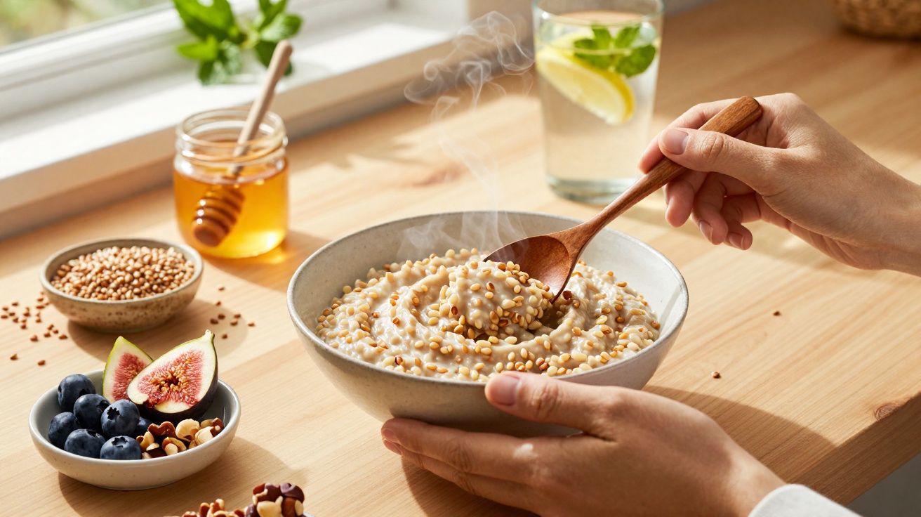 Pessoa segurando tigela com mingau quente, mel, frutas e água com limão na mesa de madeira.