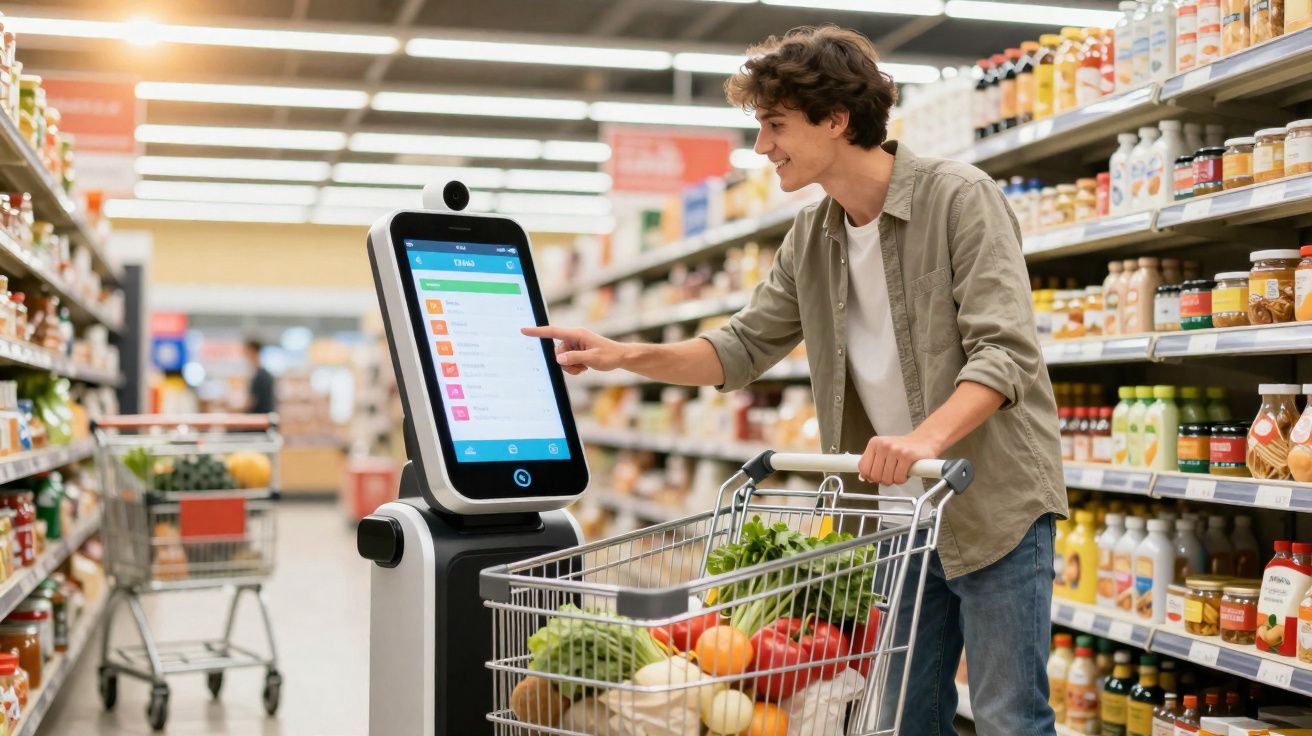 Jovem usando um carrinho de compras consulta informações em quiosque digital dentro do supermercado.