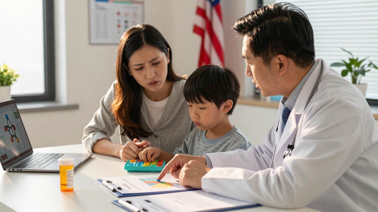 Médico explicando gráfico para mãe e filho em consulta médica com laptop e remédio na mesa.