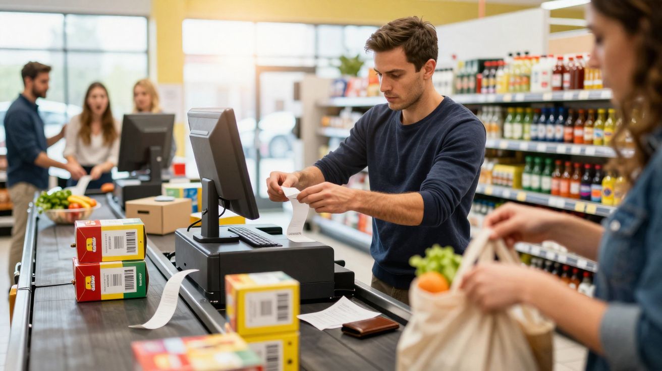 Homem operando caixa registradora em supermercado enquanto mulher segura sacola com compras.