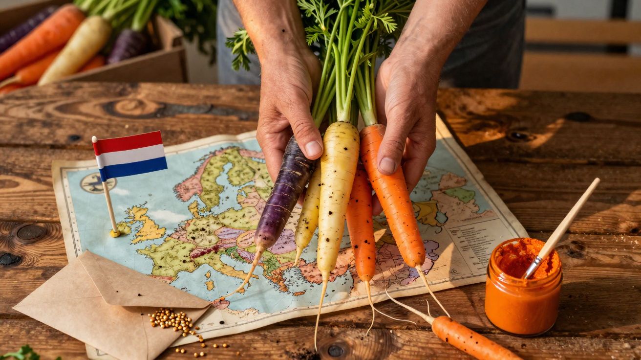 Pessoa segurando cenouras coloridas sobre mapa da Europa com bandeira da Holanda e envelope com sementes.