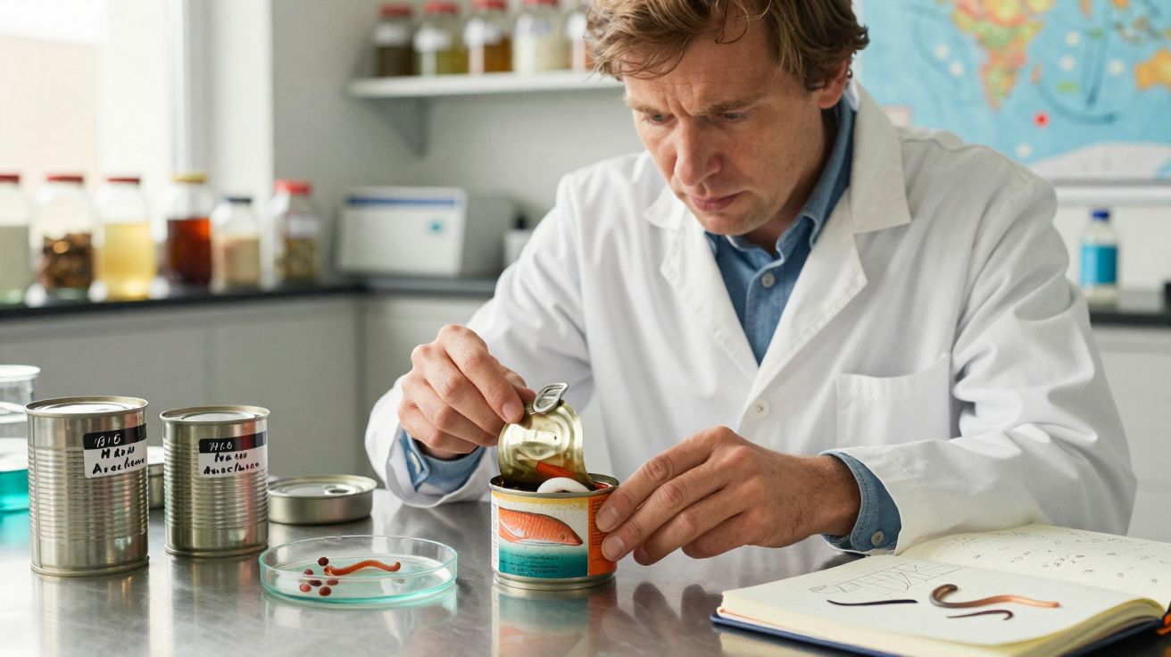 Cientista em jaleco observa e manipula amostras em laboratório com livros e mapas ao fundo.