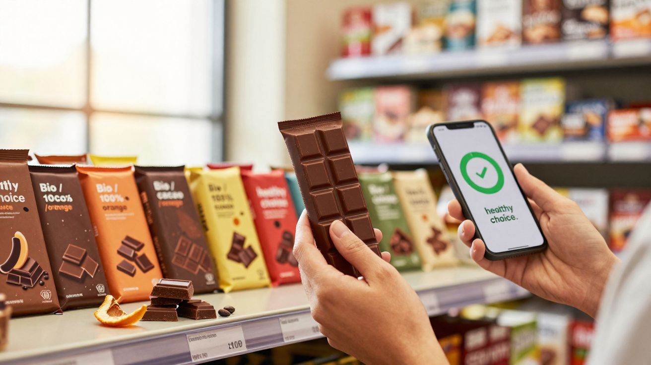 Pessoa segurando barra de chocolate e celular com mensagem "healthy choice" em supermercado.