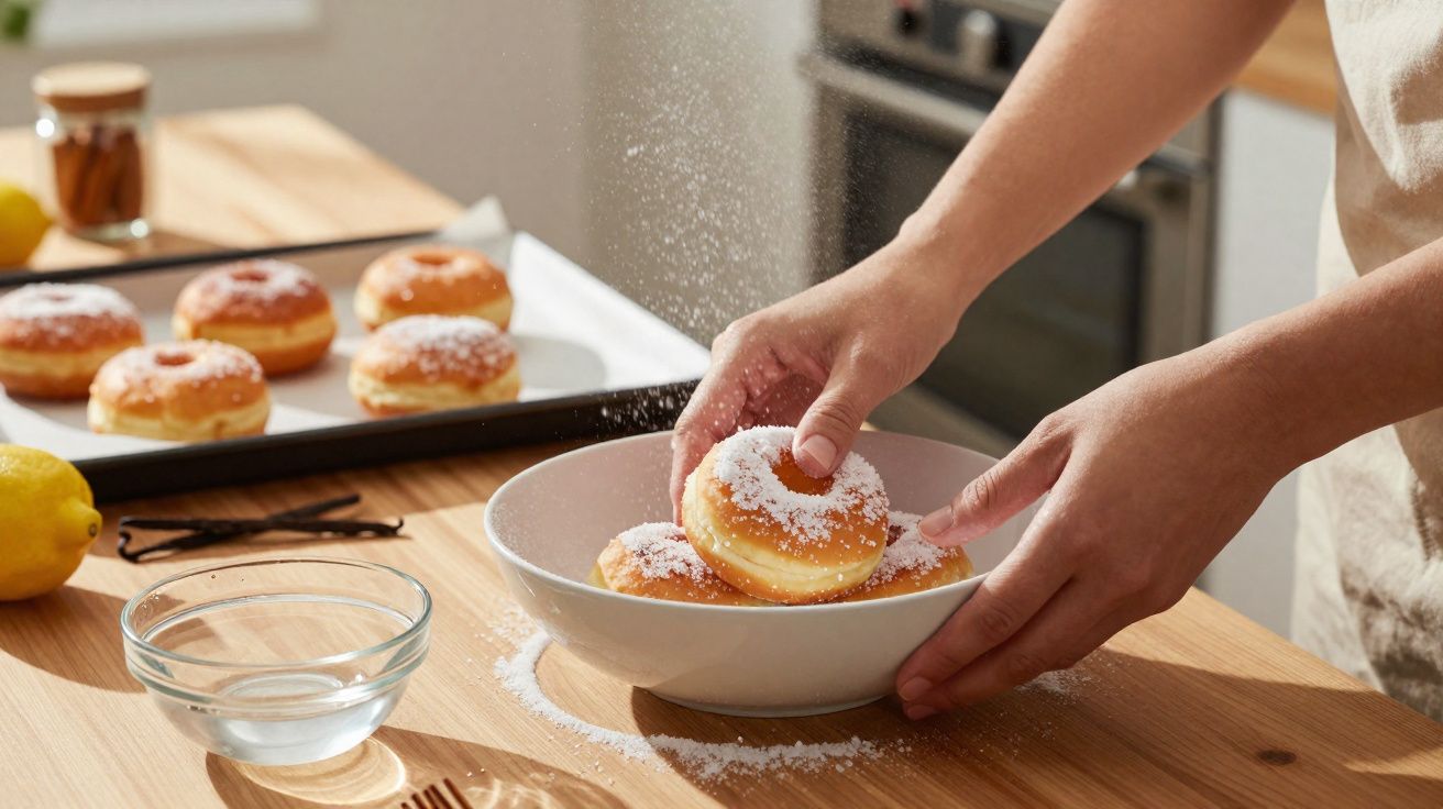 Mãos colocando rosquinhas com açúcar de confeiteiro em uma tigela branca sobre mesa de madeira.