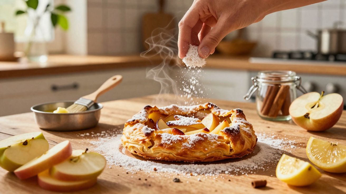 Mão salpicando açúcar sobre torta quente de maçã com fatias de maçã, limão e especiarias em bancada de madeira.