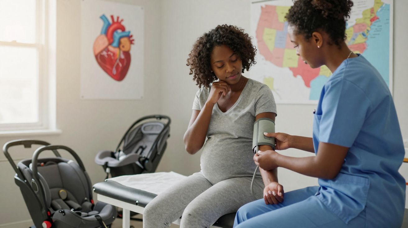 Enfermeira medindo pressão arterial de mulher grávida em consulta médica, com cadeirinha de bebê ao lado.