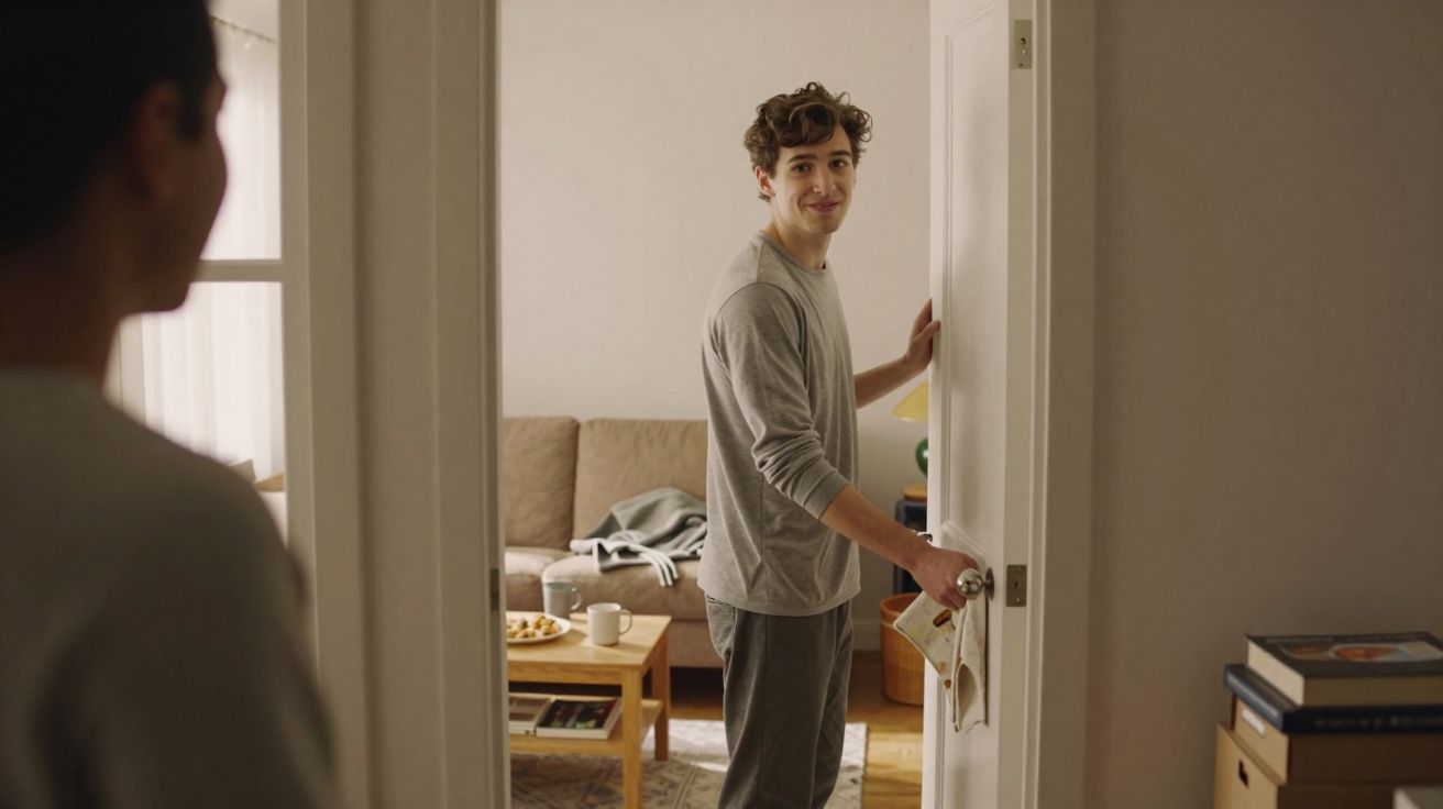 Jovem sorridente abrindo porta de quarto enquanto conversa com pessoa em ambiente doméstico.