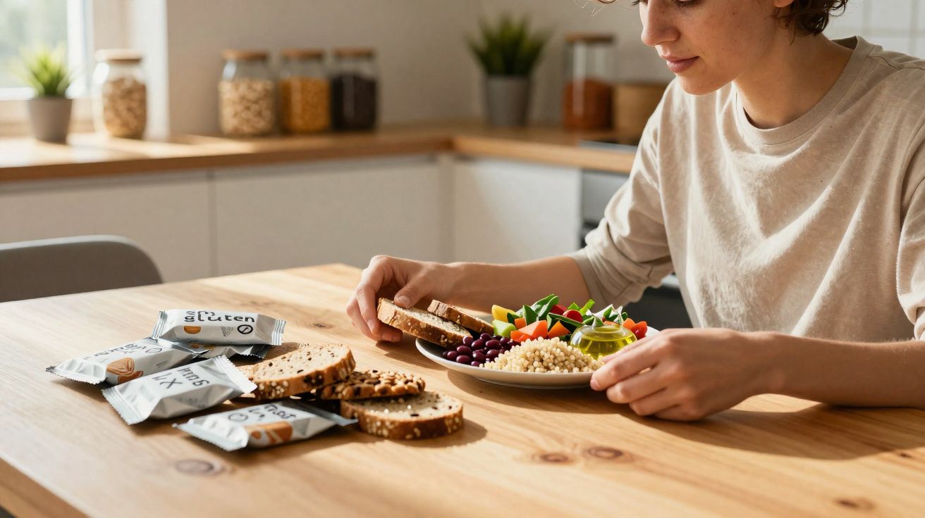 Pessoa segurando pão e prato com salada, grãos e azeite sobre mesa de madeira na cozinha.