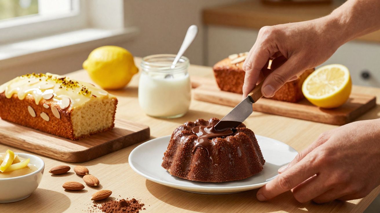 Bolo de chocolate com calda sendo espalhada, bolo de limão com cobertura, amêndoas e limões sobre mesa de madeira.