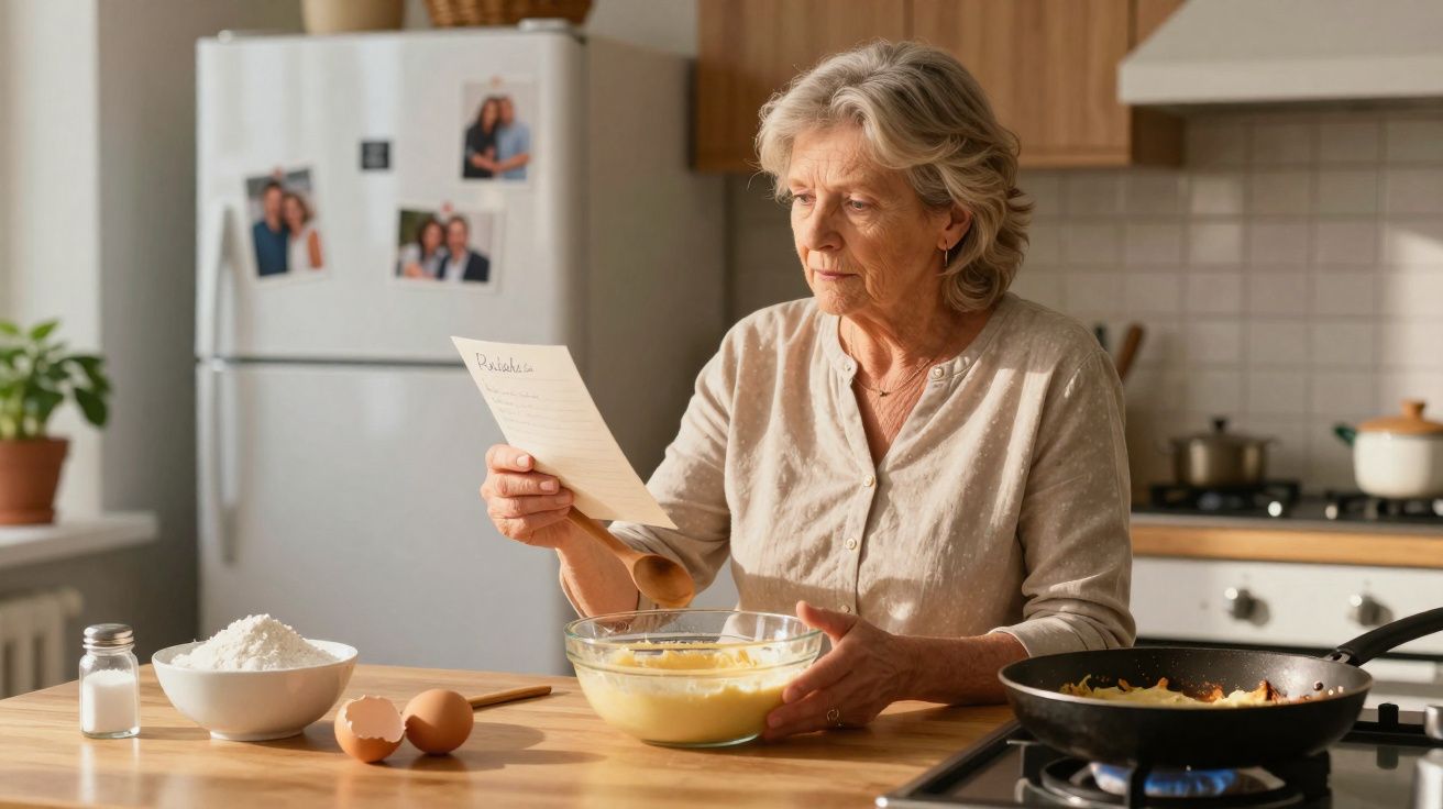 Mulher idosa lendo receita enquanto prepara massa de bolo na cozinha com ingredientes na bancada.