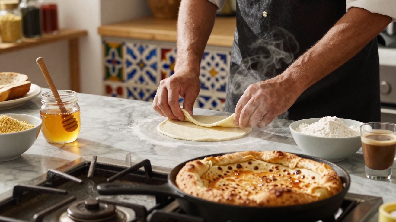 Pessoa preparando massa de pizza com forno e ingredientes ao redor em cozinha.