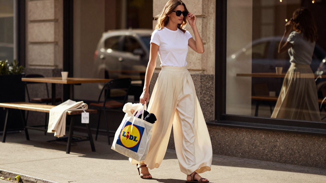 Mulher caminhando na calçada com calça ampla bege, camiseta branca e bolsa reutilizável do Lidl.