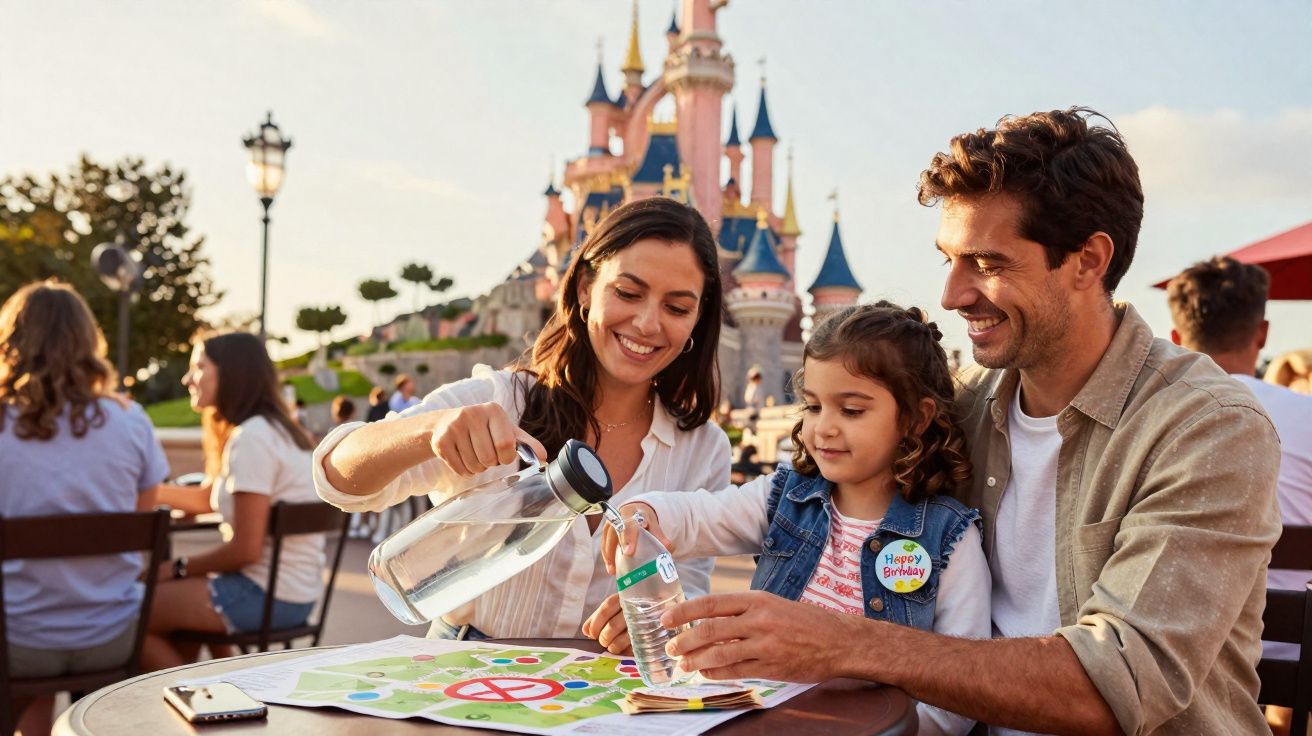 Família sorrindo em parque temático, pais servem água para a filha com castelo ao fundo no entardecer.