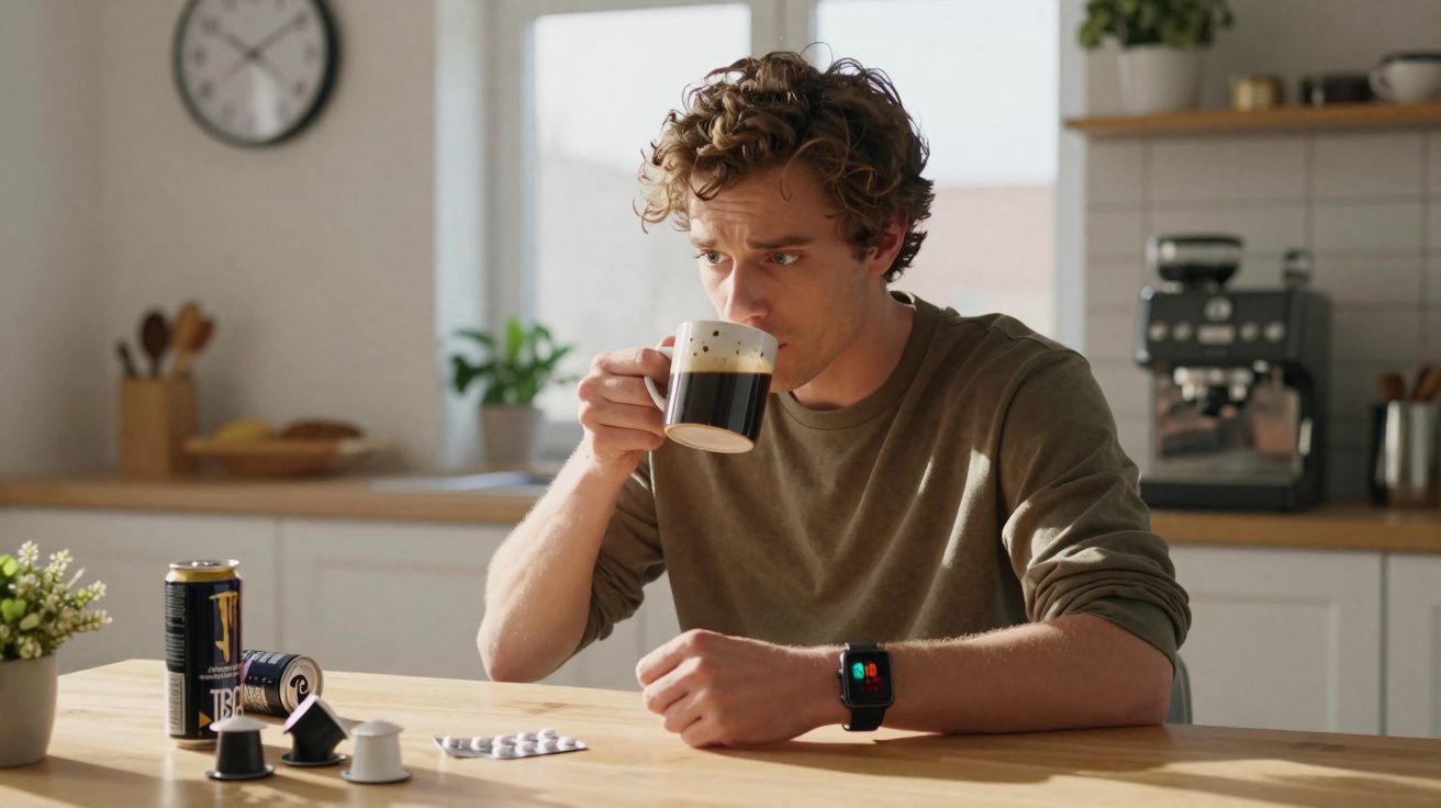 Jovem sentado à mesa na cozinha tomando café, com comprimidos e cápsulas à sua frente.