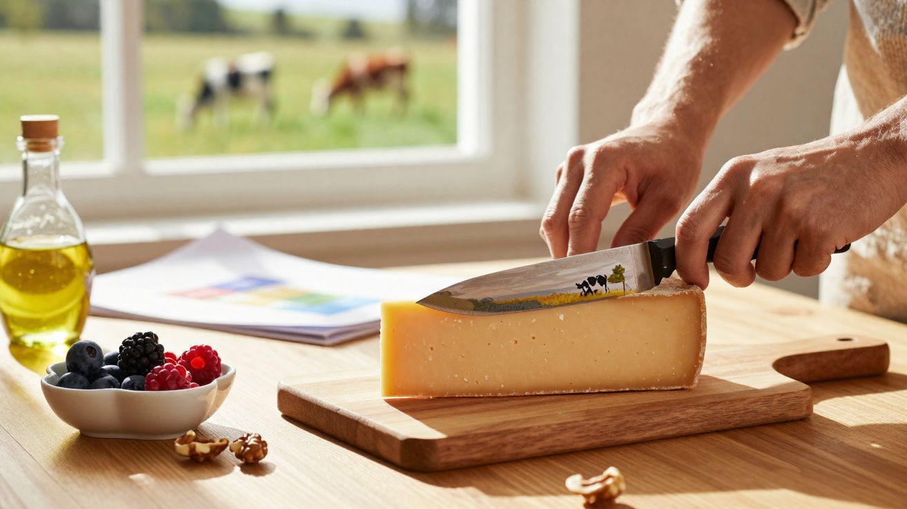 Pessoa cortando queijo amarelo em tábua de madeira, com frutas vermelhas e azeite sobre mesa próxima a janela.