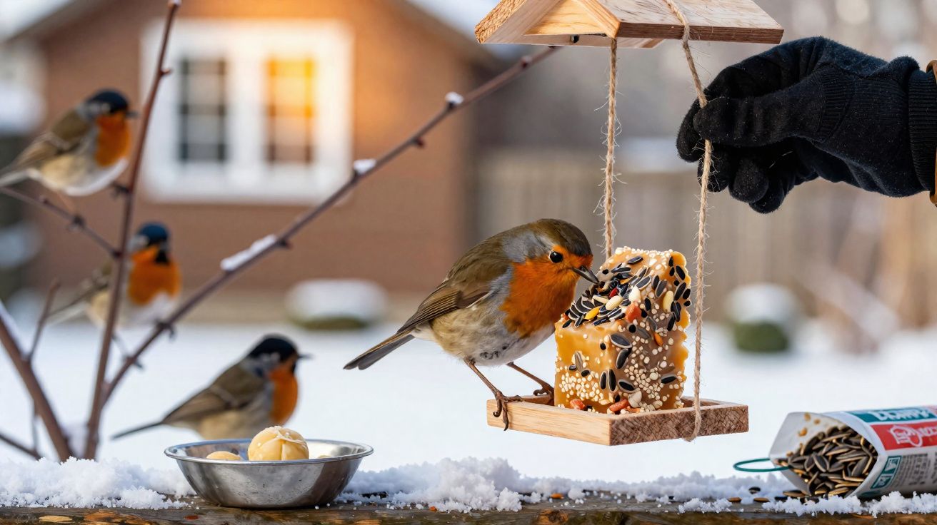 Pássaro com peito laranja alimenta-se em comedouro suspenso de madeira na neve, com outras aves ao fundo.
