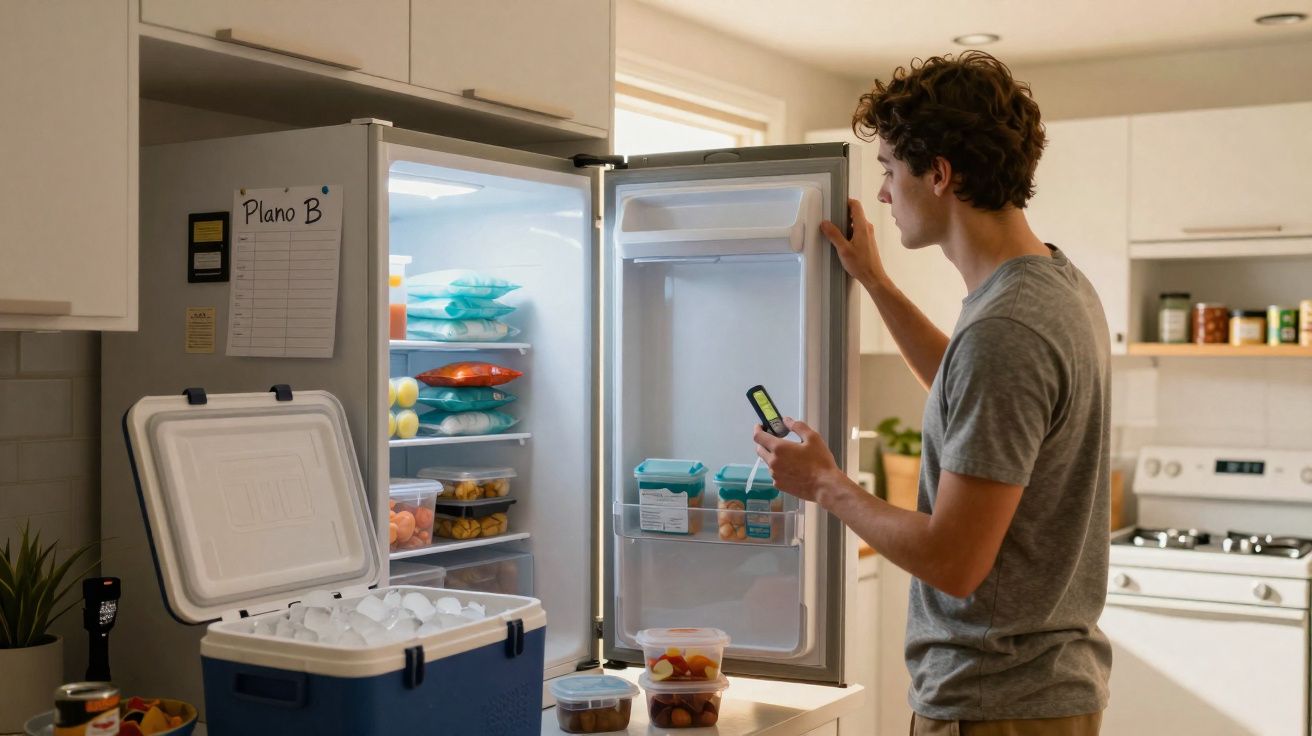 Homem com controle remoto verifica comida em geladeira aberta em cozinha moderna com caixa térmica cheia de gelo.