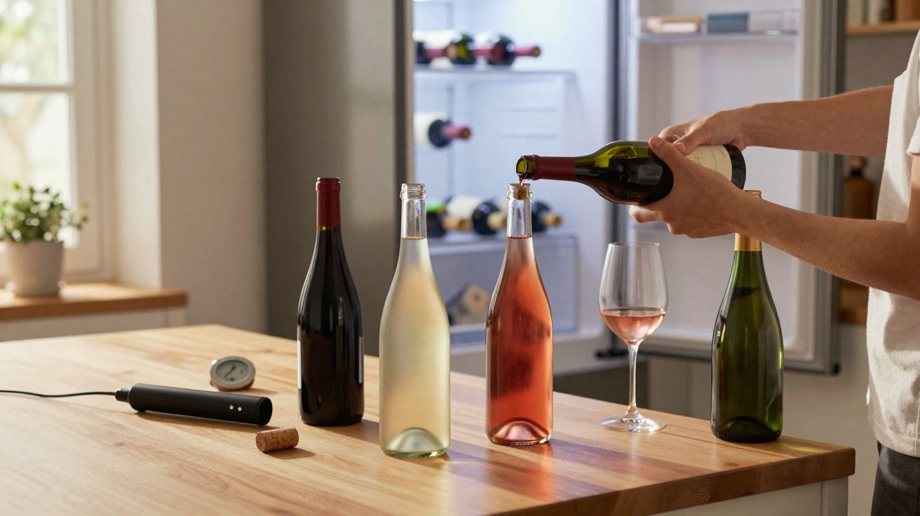 Pessoa servindo vinho em taça com quatro garrafas sobre mesa de madeira em cozinha iluminada.