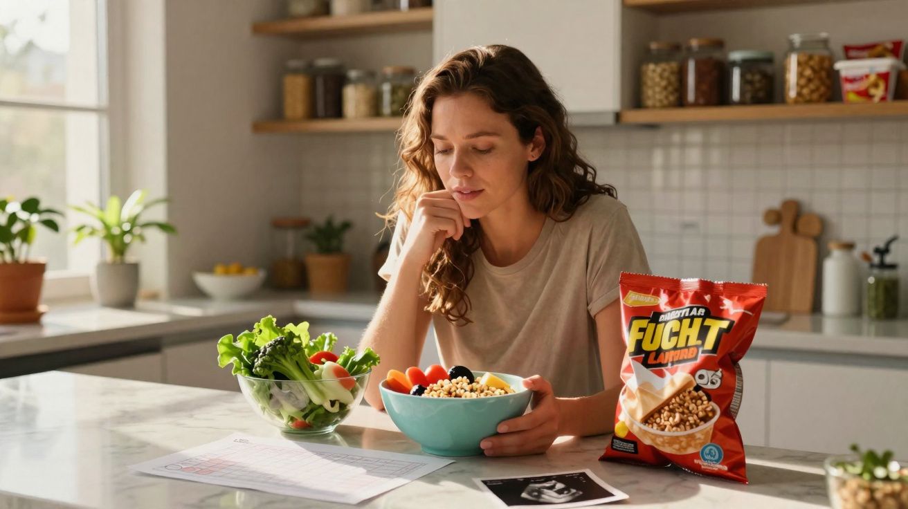 Mulher sentada na cozinha com tigela de salada e pacote de cereal sobre mesa clara.
