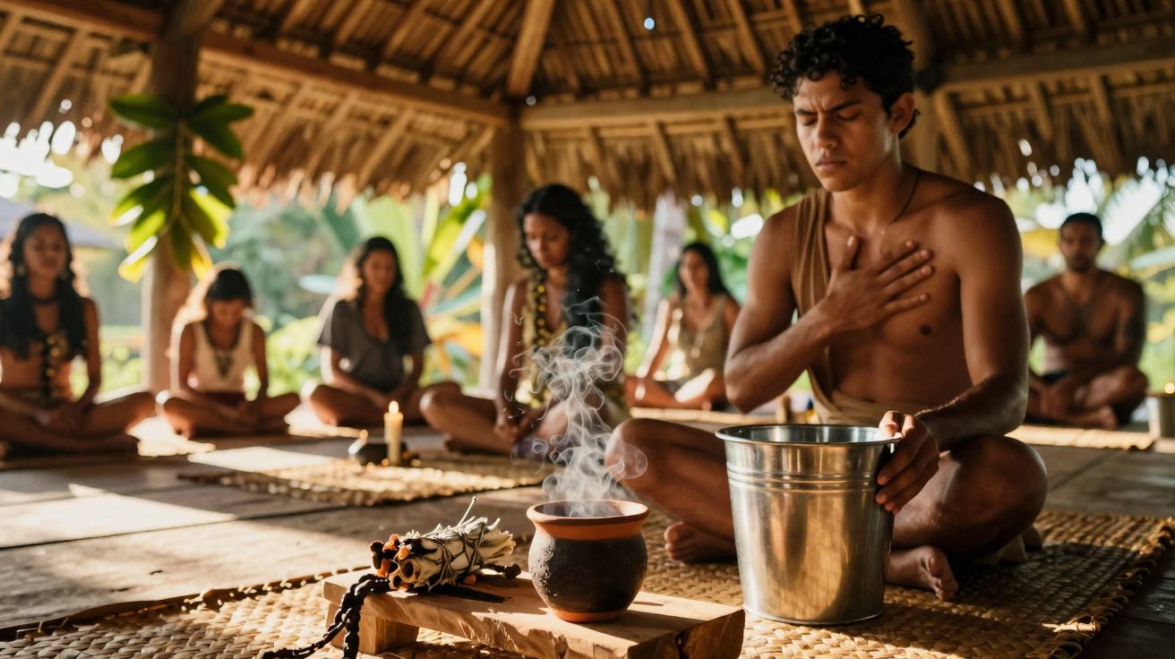 Jovem participa de cerimônia de cura tradicional sentado em templo rústico com fumaça ritual e grupo ao fundo.
