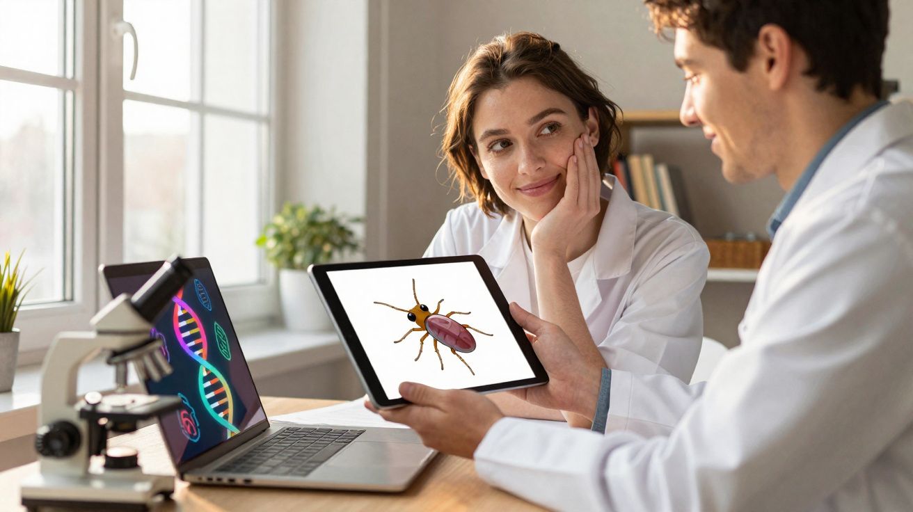 Dois cientistas em laboratório observam imagem digital de inseto em tablet, com microscópio e DNA no laptop.