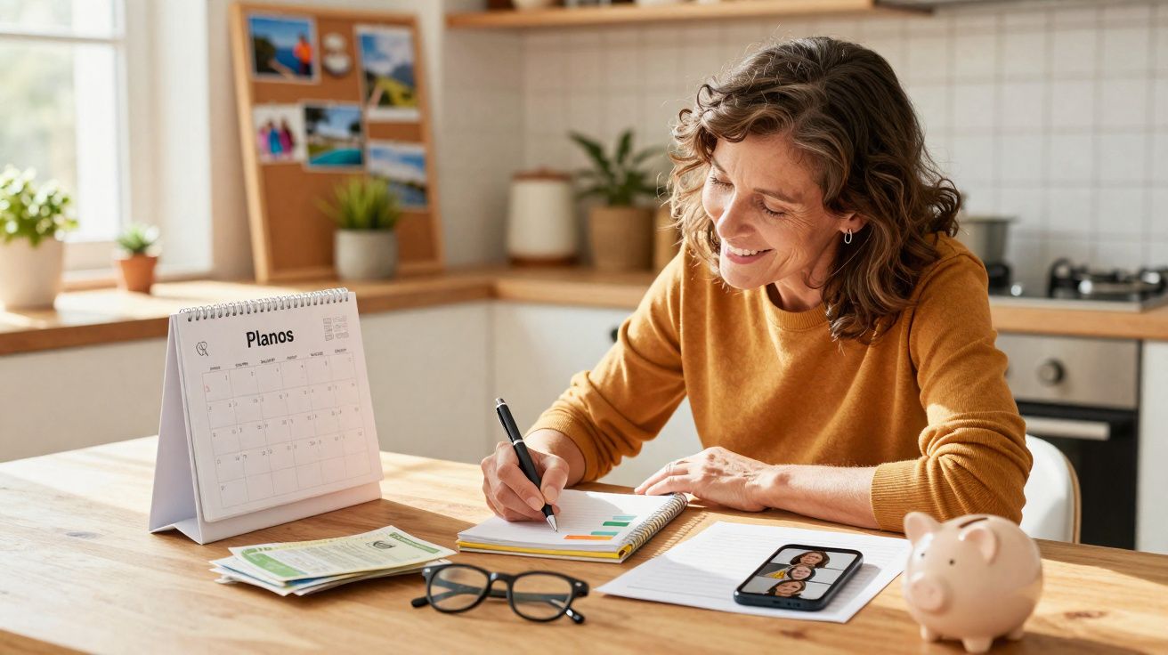 Mulher sorridente planejando finanças em casa com calendário, cofrinho e celular na mesa.