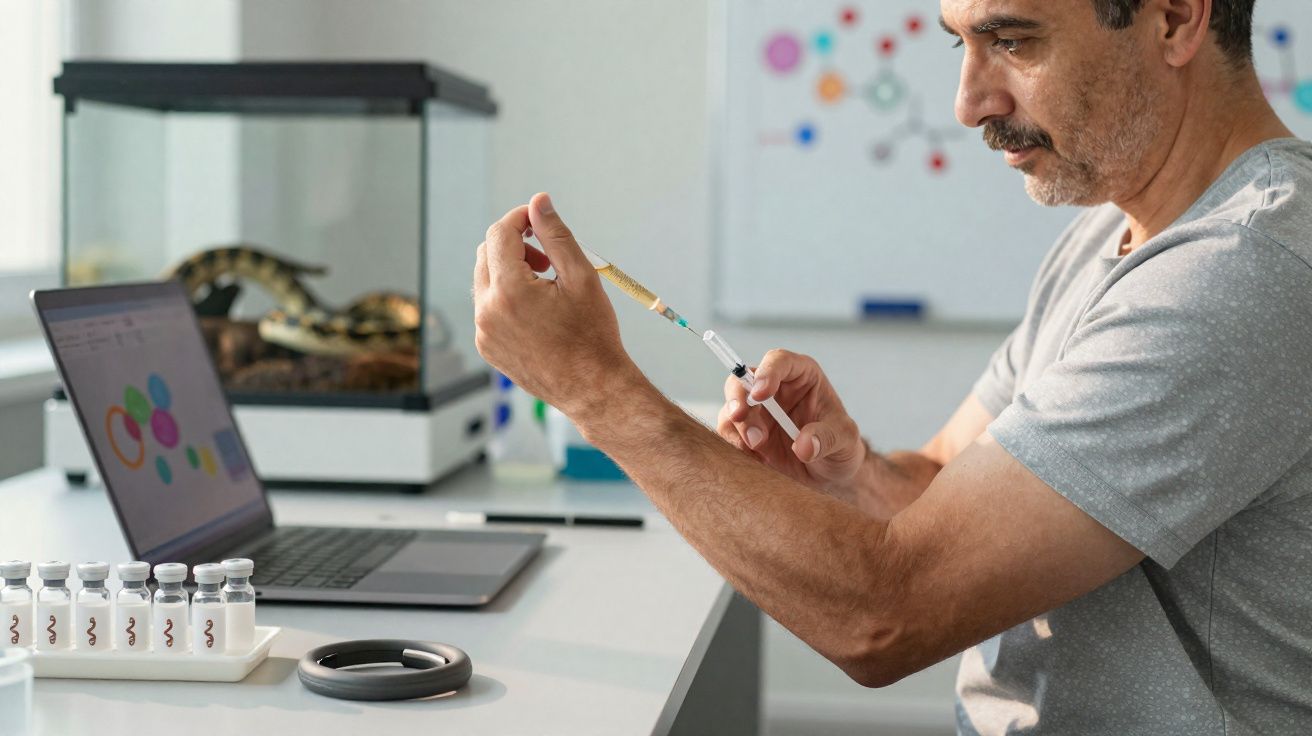 Homem preparando seringa com vacina em laboratório com laptop e ampolas sobre a mesa.