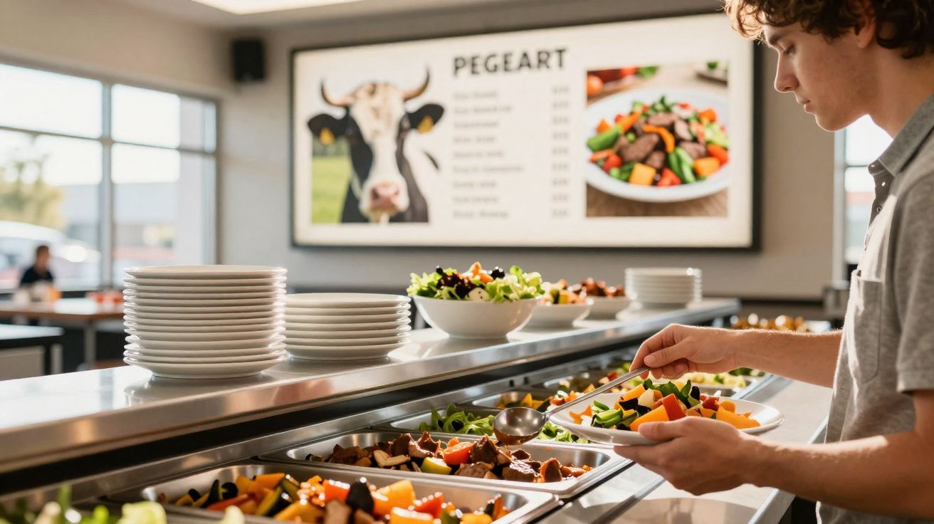 Pessoa servindo salada em buffet self-service em restaurante com cardápio ao fundo.