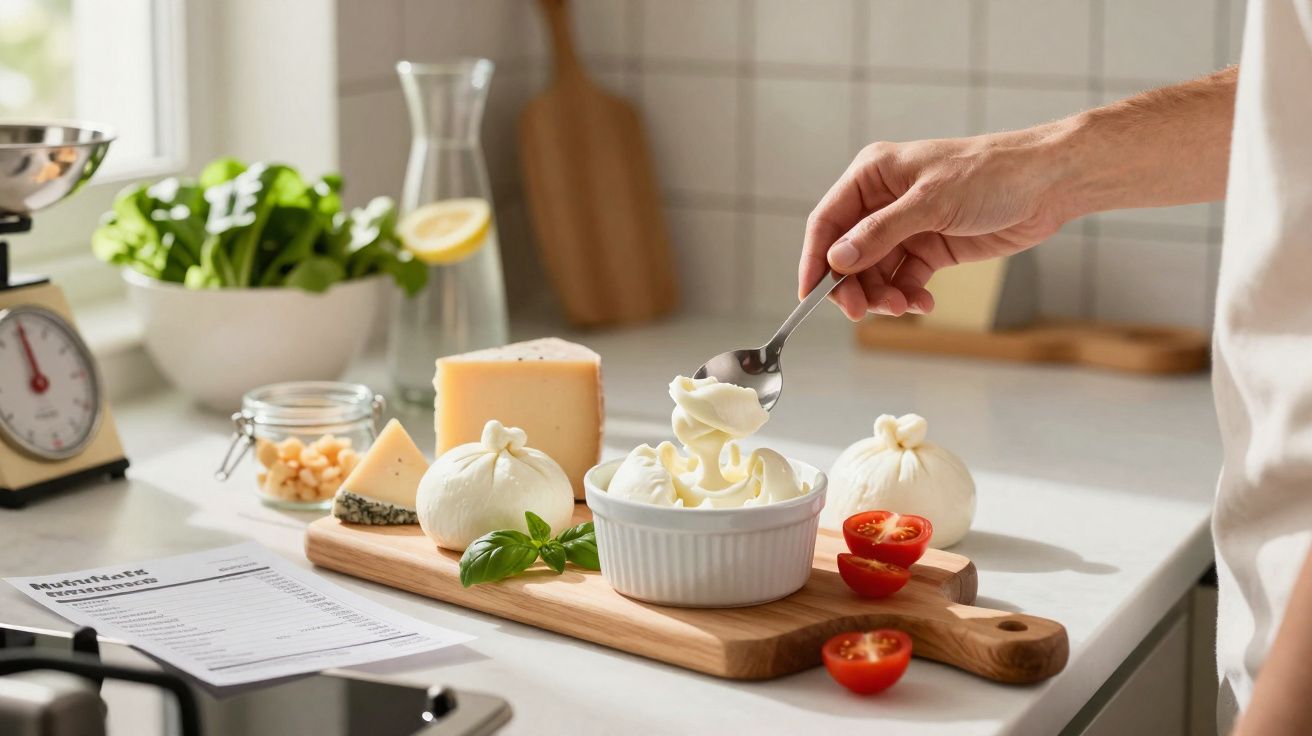 Mão servindo creme de ricota em pote, com queijos, tomates cortados e manjericão em tábua na cozinha.