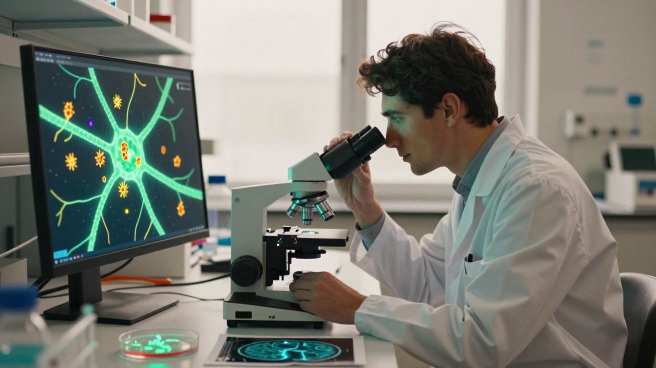 Cientista observa amostra no microscópio em laboratório com imagem digital de neurônios no monitor.