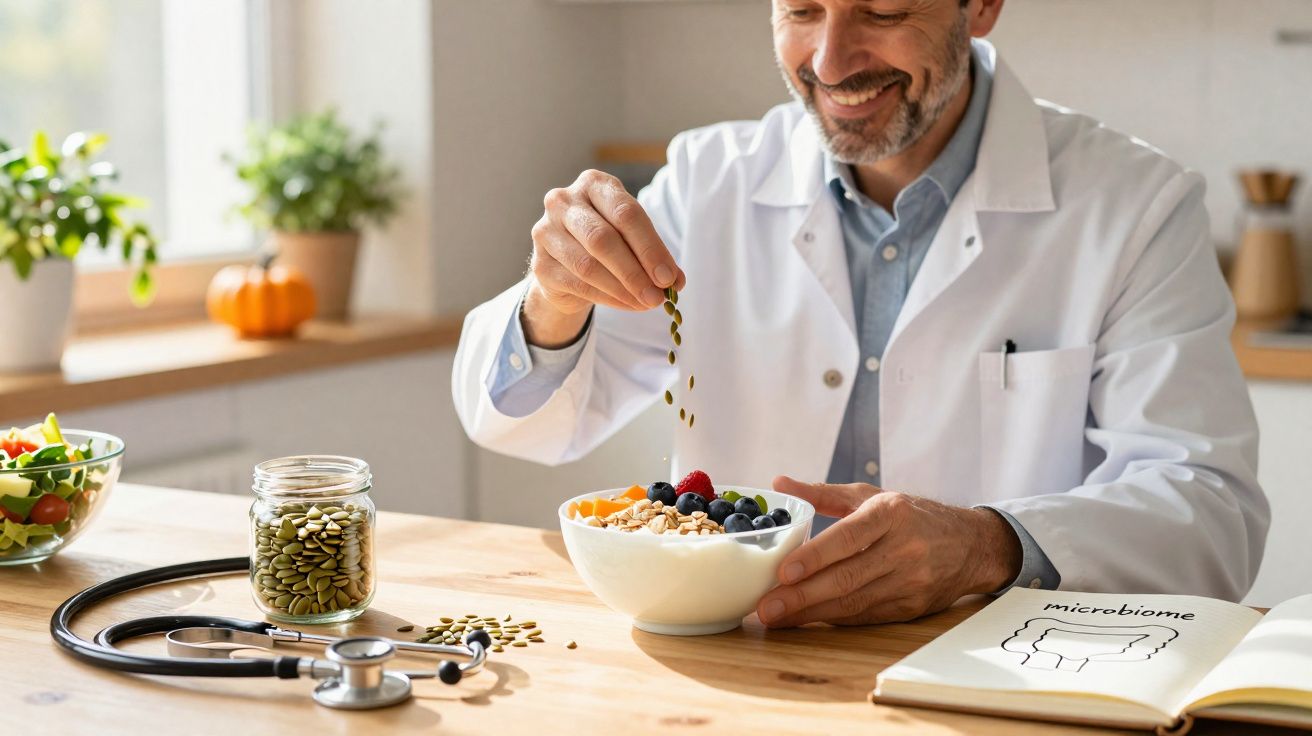 Homem com jaleco branco coloca sementes em tigela de cereal em mesa com estetoscópio e livro sobre microbioma.