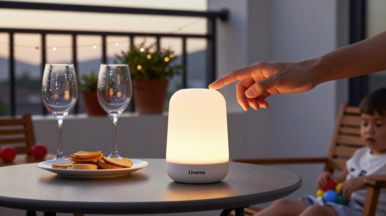 Luz de mesa Livarno acesa, dedos acionando, mesa com taças e petiscos em ambiente externo ao entardecer.