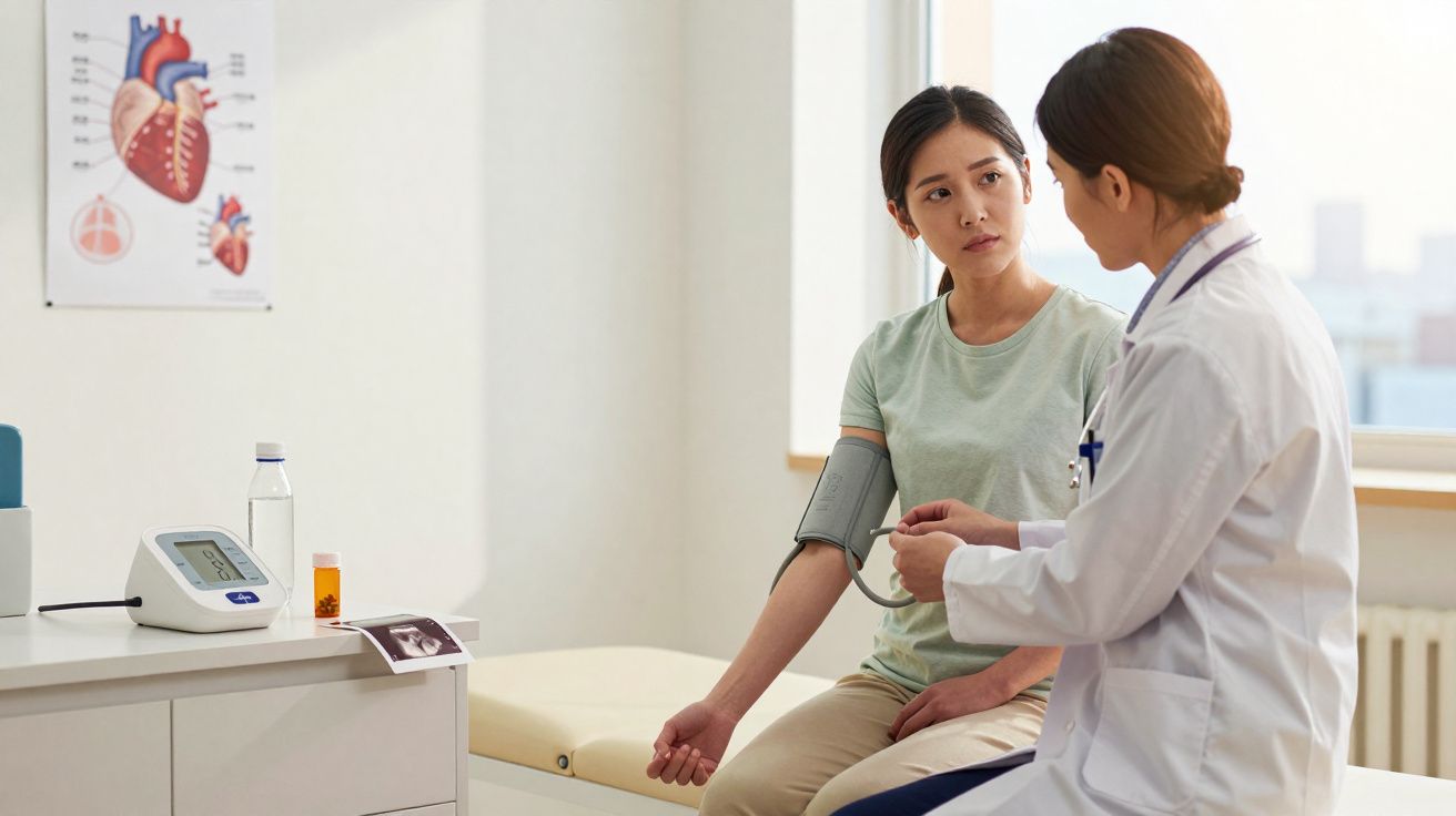 Paciente com pressão arterial sendo medida por médica em consultório clínico iluminado.