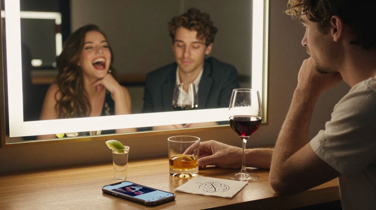 Homem observa foto de casal no celular enquanto bebe uísque em bar com taça de vinho e dose de tequila.