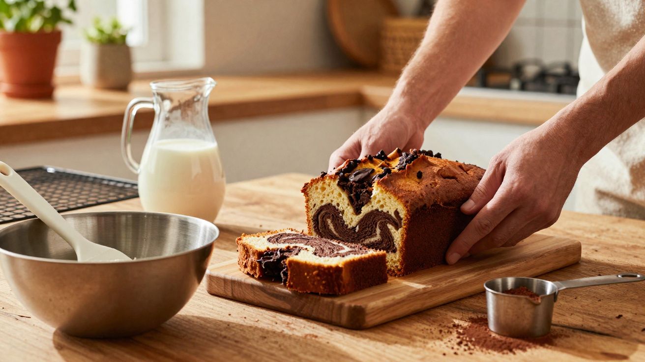 Pessoa cortando bolo de chocolate mármore em tábua na cozinha com utensílios ao redor.