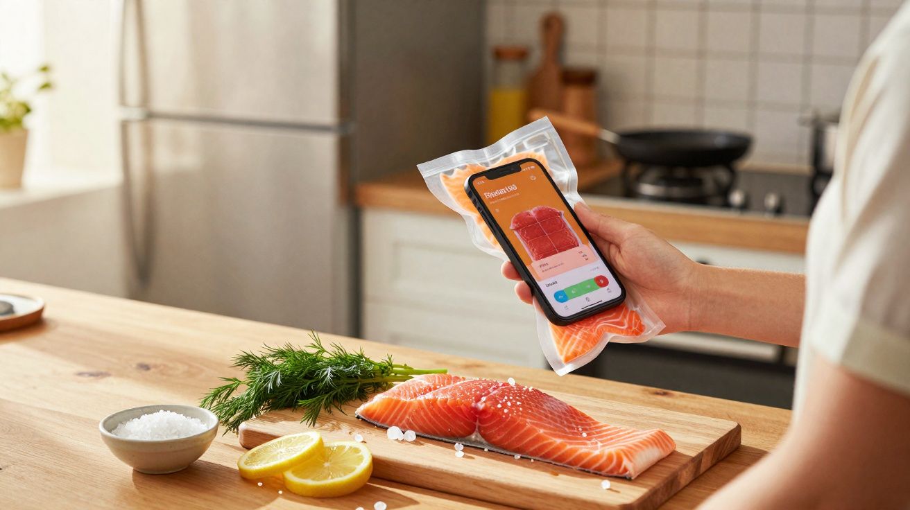 Pessoa segurando embalagem de peixe com smartphone e aplicativo para controle de alimentos em cozinha.