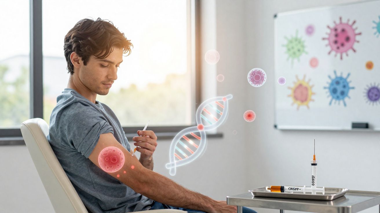 Homem sentando em clínica recebendo vacina com ilustrações de vírus e DNA ao redor do braço.