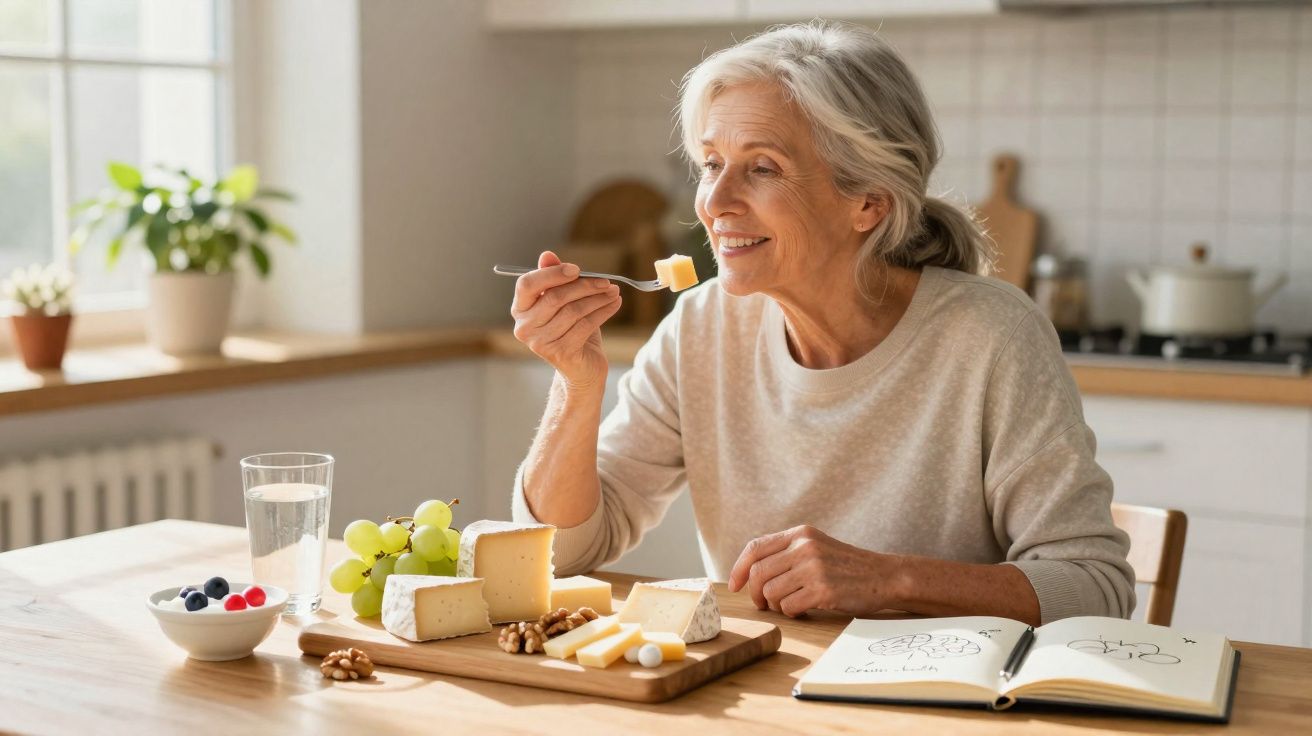 Mulher idosa sorrindo e comendo queijo em uma cozinha clara com frutas e caderno aberto na mesa.
