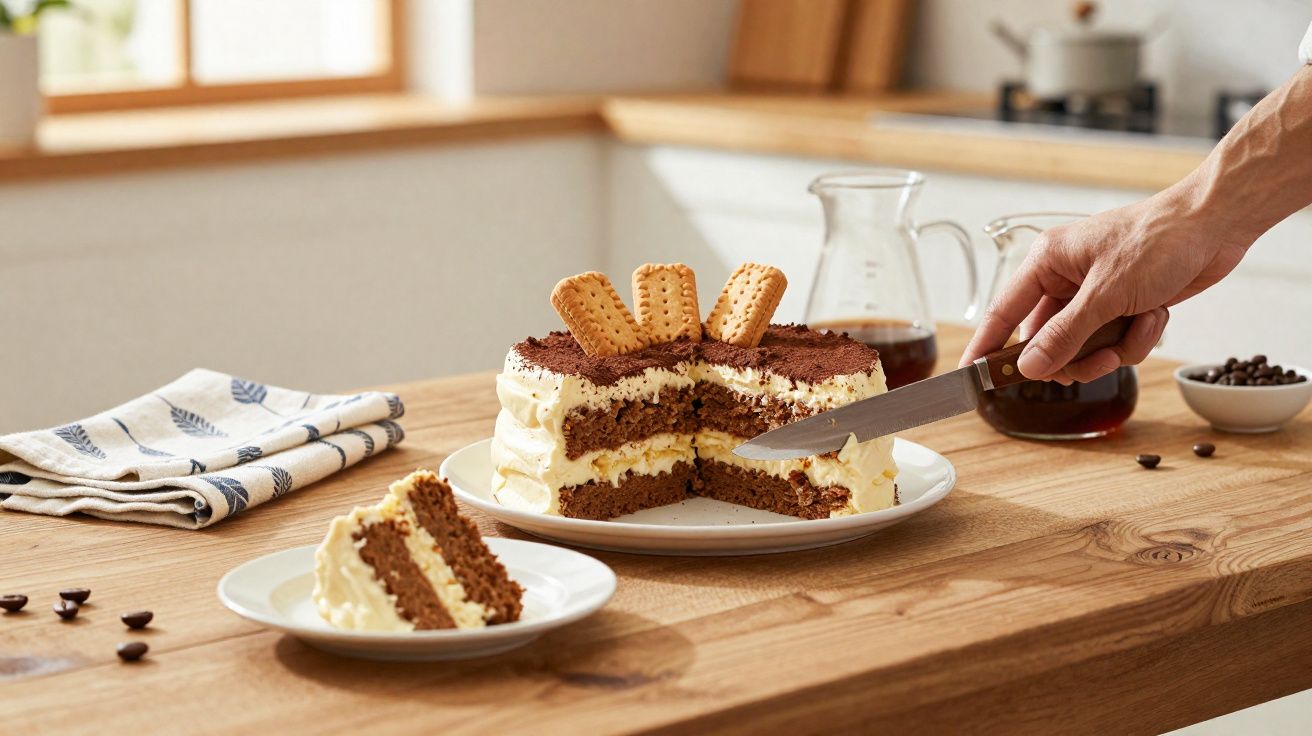 Bolo de chocolate com creme e biscoitos, fatia servida em prato branco sobre mesa de madeira.