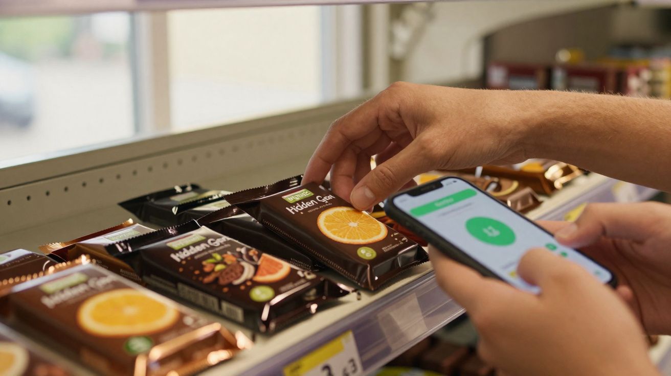 Pessoa segurando celular e escolhendo chocolate com laranja em prateleira de supermercado.