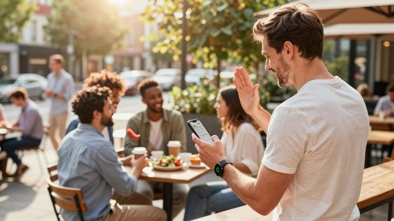 Jovem acenando com a mão enquanto olha para o celular em cafeteria ao ar livre com amigos ao fundo.