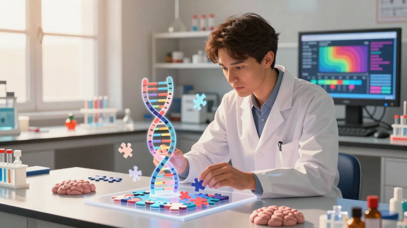 Cientista no laboratório montando quebra-cabeça colorido em forma de DNA holográfico sobre mesa branca.