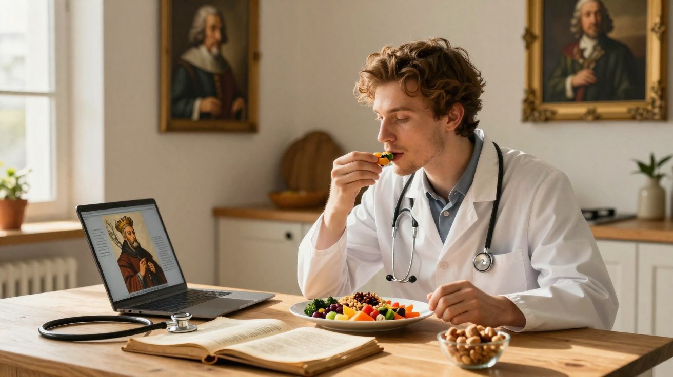 Médico com jaleco branco comendo salada em mesa com laptop, livro aberto e quadro no fundo.
