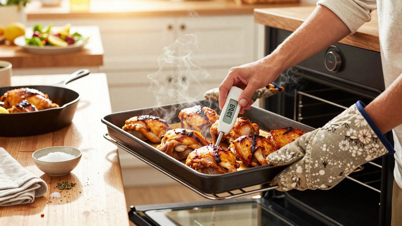Pessoa usando luva térmica retira assadeira do forno e mede temperatura de coxas de frango assadas com termômetro digital.
