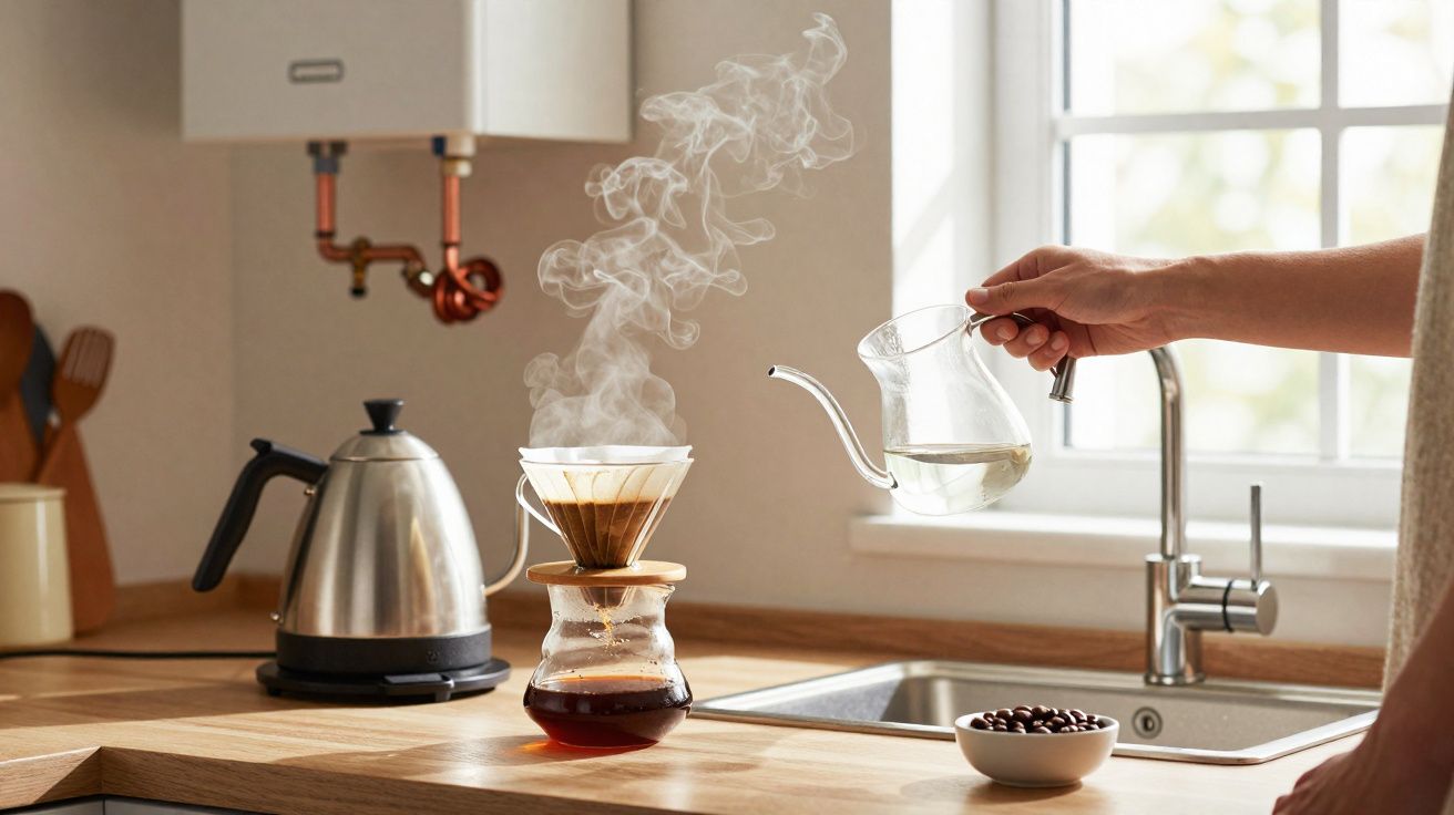 Pessoa preparando café coado com chaleira de vidro e jarra elétrica em cozinha iluminada pela janela.