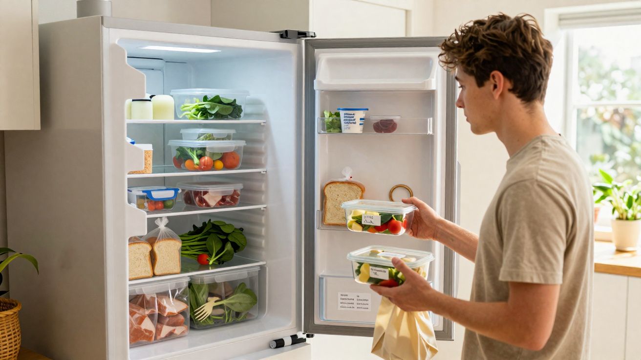 Jovem retira potes com salada da geladeira aberta em cozinha iluminada e moderna.