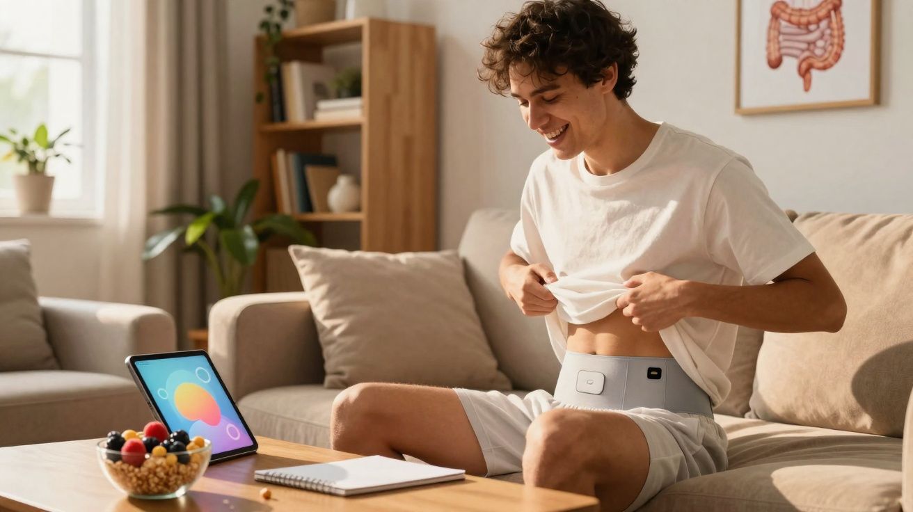 Jovem sentado no sofá usando dispositivo de monitoramento abdominal enquanto sorri, com tablet e frutas na mesa.