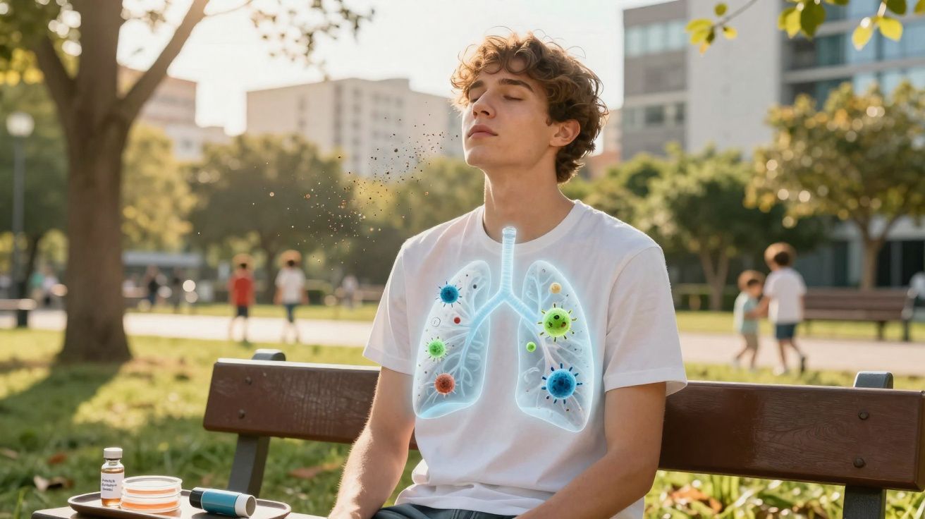 Homem sentado em banco de parque com ilustração de pulmões e vírus nas vias respiratórias.