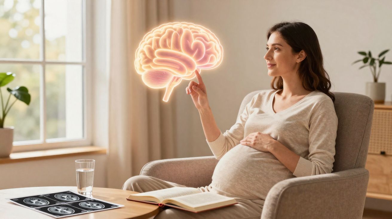 Mulher grávida sentada em cadeira tocando imagem digital de cérebro iluminado ao lado de exames e livro.