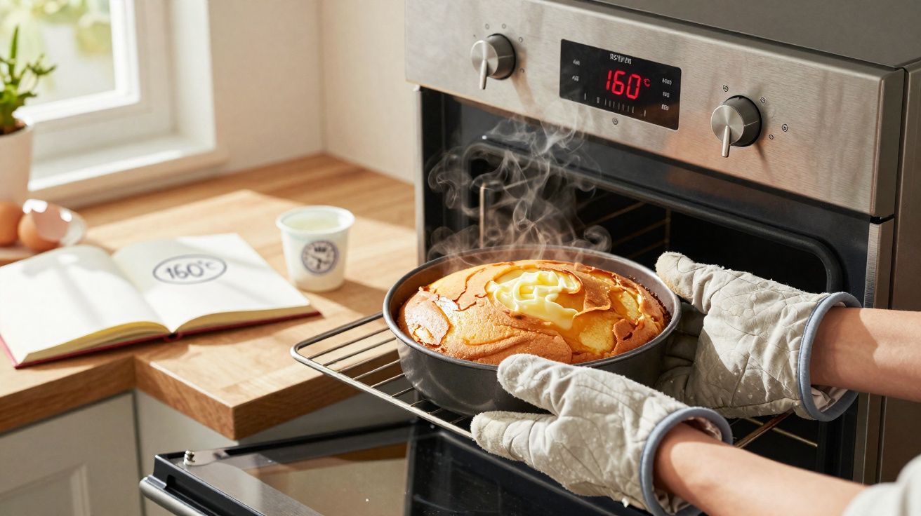 Pessoa retirando bolo quente com manteiga do forno a 160°C usando luvas térmicas na cozinha iluminada.